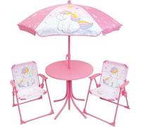 Mobilier de jardin - FUN HOUSE - Salon de jardin Licorne : Table H.46 x 46 cm, 2 chaises pliantes, parasol H.125 x100 cm
