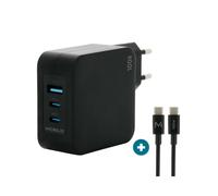Mobilis Chargeur Secteur 100W GaN - 2 USB-C, 1 USB-A 3.2 Gen 1 - Noir - Compatible Ordinateur Portable, Smartphone, Tablette - 001365