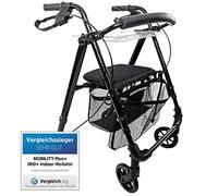 MOBILITY Plus+ Déambulateur d'intérieur ultra-léger IR10+ - Déambulateur pliable en aluminium - Rollator réglable avec accessoires (filet de transport & plateau amovibles) inclus - Noir