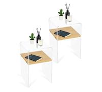 mobiltema - Table de Chevet Acrylique Lot de 2, Table de Nuit Transparente Moderne, Petite Table d'appoint Bout de canapé, Table Basse Effet Verre étroite, Effet chêne et Beton (2, étagère en chêne)