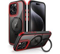 MobNano Coque pour iPhone 15 Pro Max [Compatible MagSafe] - Étui Arrière Transparent avec Support Magnétique Invisible, Protection Renforcée Anti-Rayures & Anti-Empreintes - Noir/Rouge