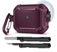 MOBOSI Étui pour AirPods Pro 3, verrouillage sécurisé, bordeaux | Coque en fibre de carbone pour iPod Pro 3e génération, avec kit de nettoyage et porte-clés, coque rigide intégrale antichoc