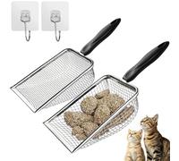 MOBPMO Lot de 2 pelles à litière en métal pour chat, maille en acier inoxydable avec trous de 3,8 mm et 6 mm, poignée en plastique antidérapante, comprend 2 crochets adhésifs pour l'accrocher