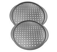 MOBUTOFU 2 Pièces Plaque de Cuisson à Pizza Ronde en Acier au Carbone | Perforations, Poignée Intégrée, Finition Noire Lisse, Nettoyage Rapide, pour Tartes et Pâtisseries