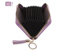 MOBUTOFU Étui à Cartes de Visite Féminin avec Grosse Capacité, Structure Accordéon en Cuir PU Pourpre Fermeture Éclair et Pompons Élégants, pour Shopping en Extérieur