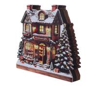 MOBUTOFU Maison de Noël Miniature Lumineuse Base en Bois | Acrylique et Bois, Boîte à Piles Vissée, Motif Chalet Enneigé, pour Manteau, Bureau et Table