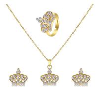 MOBUTOFU Parure de Bijoux Femme Mariage Couronne en Alliage Or Cristaux, Finition Soignée et Surface Lisse, Ensemble Élégant Collier, Boucles D'oreilles et Bague pour Bal de Fin D'année