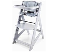 Moby-System Woody - Chaise Haute Bébé Évolutive en Bois avec Harnais 3 Points, Plateau Amovible & Coussin - Siège Sécurisé, Confortable et Ajustable de 6 Mois à 12 Ans (Gris)