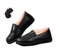 Mocassins à enfiler en cuir à semelle souple pour femme - Large bout rond - Chaussures plates vintage brodées antidérapantes - Chaussures décontractées pour personnes âgées de taille moyenne, Noir