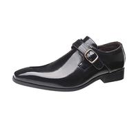 Mocassins à enfiler en cuir verni pour homme - Bout pointu - Boucle moine - Style décontracté et confortable - Antidérapants - Pour fête, mariage, affaires, robe Oxford, Noir , 39 1/3 EU
