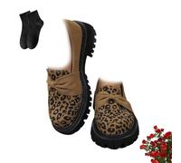 Mocassins à talon bloc en daim imprimé léopard à enfiler pour femmes, chaussures à bout rond, mocassins à talon épais, pour le bureau et les affaires, Marron 1, 39.5 EU