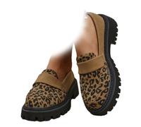 Mocassins à talon bloc en daim imprimé léopard pour femme - Bout rond - Élégants et larges talons bas - Chaussures de bureau, Marron 2, 10 UK Wide