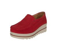 Mocassins compensés en daim pour femme - Large largeur - Rembourrés - Antidérapants - Chaussures de marche élégantes et rembourrées, Rouge, 41 EU