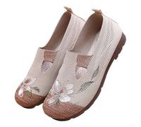 Mocassins confortables à enfiler pour femme - Mousse plate - Maille - Antidérapantes - Broderie florale délicate - Baskets respirantes - Chaussures de sport confortables - Chaussures de sport douces