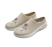 Mocassins de Marche pour Femmes Mule Mesh Décontractées en Respirante été Chaussures Légères et Plate Confortable Baskets à Bout Rond Sport Brode Slip on Toile Mode Talon (Beige, 39)