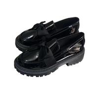 Mocassins élégants en cuir verni pour femme avec nœud - Couleur unie - Talon bas et épais - Élégantes et confortables - Pour le travail et le shopping, Noir , 39 EU