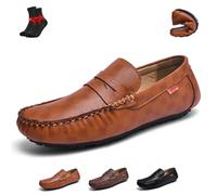 Mocassins en Cuir for Hommes, Chaussures Mocassins décontractées Respirantes, Mocassins Plats, Chaussures en Cuir Cousues à la Main, antidérapantes, Mains Libres(Reddish Brown,39 EU)