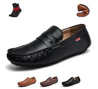 Mocassins en Cuir for Hommes, Chaussures Mocassins décontractées Respirantes, Mocassins Plats, Chaussures en Cuir Cousues à la Main, antidérapantes, Mains Libres(Black,45 EU)