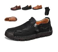 Mocassins en cuir respirant avec fermeture éclair facile - Bout large, soutien de la voûte plantaire, imperméables, antidérapants et confortables pour le quotidien et les voyages - Chaussures de