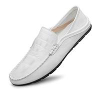 Mocassins for Hommes à Bout Rond en Cuir PU imprimé Crocodile, Chaussures antidérapantes, Confortables, à Talon Plat, Classiques et décontractées(Blanc,42 EU)