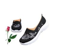 Mocassins orthopédiques brodés papillon pour femme, chaussures de marche à enfiler en maille respirante, style décontracté, chaussures légères à enfiler pour maman, infirmière, Noir , 36 EU