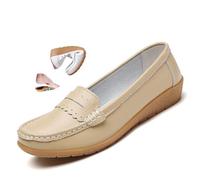 Mocassins orthopédiques pour femme en cuir respirant, mocassins classiques décontractés et confortables à enfiler pour le bureau et les soins infirmières, beige, 40 EU
