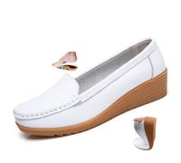 Mocassins orthopédiques pour femmes en cuir respirant, mocassins orthopédiques à talon compensé classiques, mocassins décontractés à enfiler pour le travail, le bureau et les soins infirmiers, Blanc