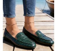 Mocassins plats décontractés et confortables en crocodile vert pour femme | Semelle intérieure rembourrée en relief crocodile brillant pour un confort tout au long de la journée. Semelle en caoutchouc