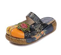 Mocassins pour femme - Sandales en cuir - Sandales à plateforme - Chaussures d'été vintage - Dos nu - Sabots colorés - Fleurs plates - Fond épais - Chaussures de plage (41, bleu)