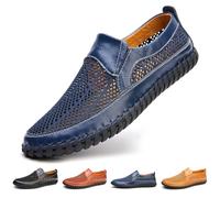 Mocassins respirants en cuir creux faits à la main pour homme, mocassins creux en cuir perforé, chaussures de marche pour l'été, la plage, les voyages décontractés, bleu, 43 EU