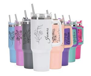Mocessory Gobelet personnalisé de 40 oz avec paille et poignée - Mug à café isotherme gravé sur mesure pour voyage, sport et bureau