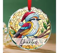 Mockingbird Suncatcher Décoration de Noël en verre teinté avec nom personnalisé Mockingbird en cristal, oiseau portant un chapeau de Père Noël, ornements suspendus pour arbre de Noël, souvenir d'amant