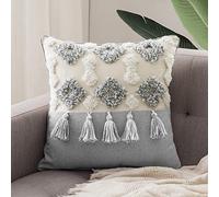 MOCOFO Housse de coussin tissée à pompons - Broderie bohème - Housse de coussin uniquement - Pour canapé, chambre, voiture, salon - Beige et gris - 45 x 45 cm