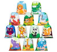 Mocoosy 12pcs animaux sacs de fête sacs réutilisables à cordon pour enfants, cadeaux jungle animaux thème anniversaire
