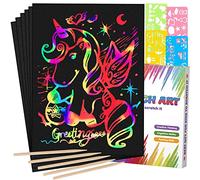 Mocoosy Dessin Gratter pour Enfants - 60pcs Rainbow Feuilles à Gratter Noir Papier Gratter pour Dessin Art et artisanat pour les enfants avec 4 pochoirs 5 stylets en bois 1 pinceau pour les cadeaux