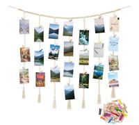 Mocrop 120×90cm Porte Photo Mural, Décoration Murale Bohème, Pele Mele Photo Mural - Avec 50 Clips En Bois Et Colorés, Photos, Cartes Postales, Enveloppes En Display