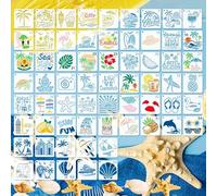 Mocrop Lot de 64 Pochoirs pour Peinture, 7,6 X 7,6 cm Plage d'été Pochoir Peinture, Réutilisables Stencil, Pour Scrapbooking, Bullet Journal, Décoration Murale