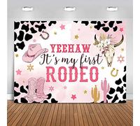Mocsicka Toile de fond « Happy 1st Birthday » pour filles - Décoration de fête d'anniversaire en vinyle - Cactus mexicain - This is My First Rodeo Photo (rose, 2,1 x 1,5 m)