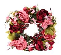 Mocturnity Couronne de Porte de Fleur Artificielle de Pivoine de 16 Pouces avec Couronne de de Feuilles pour la DéCoration de Porte D'EntréE, Mariage, Mur, (Rouge Foncé)