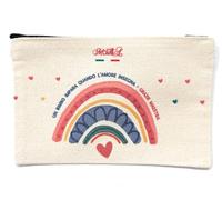 MODA MavillA Pochette Maestra en toile avec arc-en-ciel et coeurs, design italien avec inscription Un enfant apprend quand l'amour enseigne, Beige avec arc-en-ciel