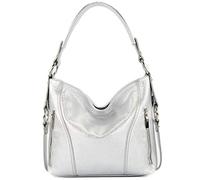 modamoda de - T202 - Sac à bandoulière/poignée italienne pour femme en cuir, Couleur:argent métallique