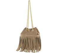 modamoda de T244 Sac à bandoulière en daim avec franges et chaîne dorée pour femme Fabriqué à la main en Italie, Sable, s