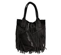 Modarno Sac cabas pour femme en daim véritable avec frange et étui à bijoux de la même couleur - Sac à main - Sac à bandoulière, Noir , L