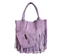 Modarno Sac cabas pour femme en véritable cuir suédé avec frange plus étui à bijoux de la même couleur - Sac à main - Sac à bandoulière, Violet, Large