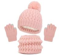 Modaworld 3 en 1 Bonnet Enfant Fille, Ensemble Bonnet Echarpe Enfant, Bonnet Enfant Hiver avec Pompon, Tour de Cou Enfant avec Doublure, Hiver Accessoires Ensemble Set (A 05, Taille unique)