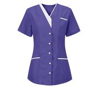 Modaworld Blouse Medicale Femme Col en V Manche Courte Blouse Infirmiere Uniforme De Travail Haut Tenue Infirmiere Professionnelle EsthéTicienne VêTement Lavables Durables Ensemble S-3XL