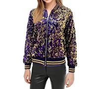 Modaworld Blouson Aviateur à Paillettes Colorées pour Femme Blazer Brillantes avec Fermeture éclair à l'avant Manteau Tendance pour Concert, Fête, Noël, Danse, Multicolore