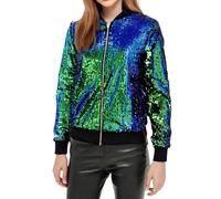 Modaworld Blouson Aviateur à Paillettes Colorées pour Femme Blazer Brillantes avec Fermeture éclair à l'avant Manteau Tendance pour Concert, Fête, Noël, Danse, Multicolore