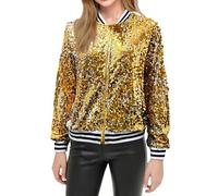 Modaworld Blouson Aviateur à Paillettes Colorées pour Femme Blazer Brillantes avec Fermeture éclair à l'avant Manteau Tendance pour Concert, Fête, Noël, Danse, Multicolore