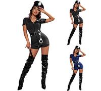 Modaworld Costume Cosplay Femme de Police avec Chapeau de Policier, Badge, Cravate, Bâton en Plastique Noir, Lunettes de Flic Swat, Festival, Halloween, Costume de Policier